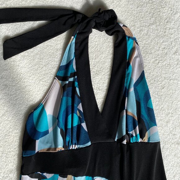 Women's Colorblock Geometric Turquoise, Black, and Tan Halter Top Dress M - Picture 7 of 15